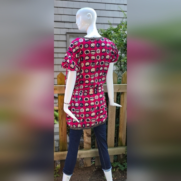 Anna Sui silk, lined dress, with drawstring waist, red with cream/black/silver. - Picture 14 of 15